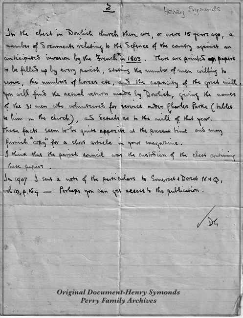Henry Symonds note to M Perry regarding 1803 and Defence of the Realm.