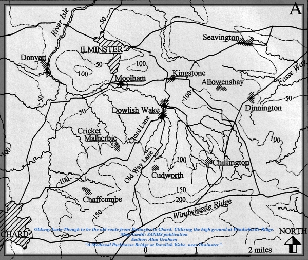 Map showing Oldway Lane, ancient route connecting Ilminster and Chard.