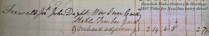 The Actual Entry in the East Dowlish Tithe Book for 1847 - New Inn